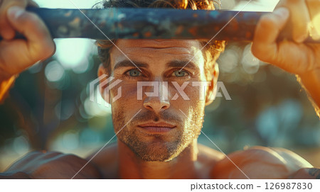 Close-up portrait of a man during exercise on the horizontal bar. 126987830