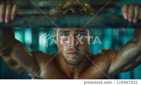 A muscular man is training on the horizontal bar. 126987832