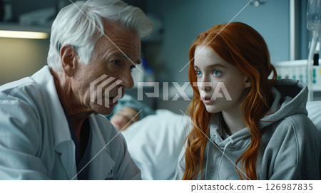 An elderly doctor communicates with a young patient. 126987835