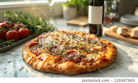 Hot delicious pizza on the kitchen counter. 126987869