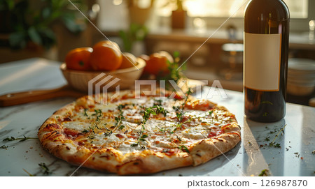 Pizza and bottle of wine Pizza and bottle of wine 126987870