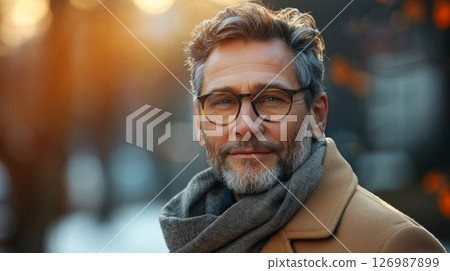 Close-up portrait of a man with a beard wearing stylish glasses. Close-up portrait of a man with a beard wearing stylish glasses. 126987899