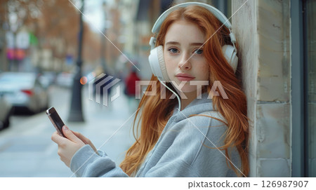 Beautiful young woman in white headphones with red hair. 126987907