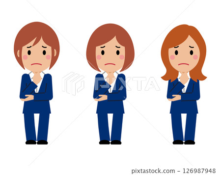 A young woman in a navy blue suit with a troubled expression and her hand on her chin A young woman in a navy blue suit with a troubled expression and her hand on her chin 126987948