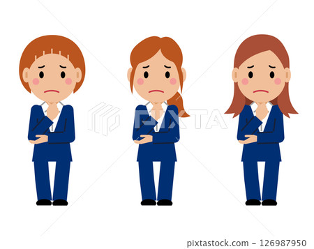 一位身穿海軍藍西裝的年輕女子,一臉苦惱,手托著下巴。 (第二部) 一位身穿海軍藍西裝的年輕女子,一臉苦惱,手托著下巴。 (第二部) 126987950