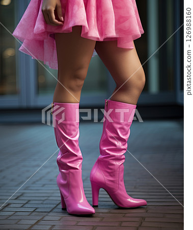 Sexy female legs in high leather boots and short mini skirt. Generative Ai 126988160