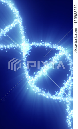 Glowing DNA helix formed by electric particles and radiant blue energy on a dark blue background Glowing DNA helix formed by electric particles and radiant blue energy on a dark blue background 126988383