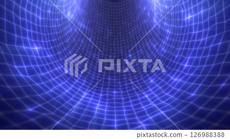 Sci-fi styled blue mesh tunnel with triangulated glowing surface and immersive digital depth 126988388