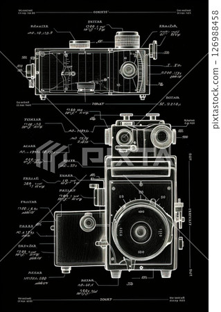 Vintage photo camera blueprint design. Poster, wall art. Generative Ai 126988458