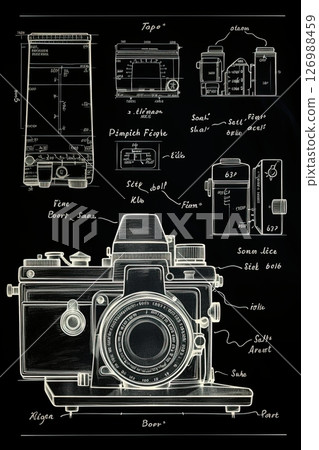Vintage photo camera blueprint design. Poster, wall art. Generative Ai 126988459