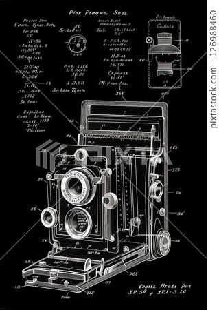 Vintage photo camera blueprint design. Poster, wall art. Generative Ai 126988460