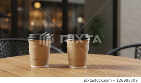 a cup of coffee on wood table in a cafe 126988509