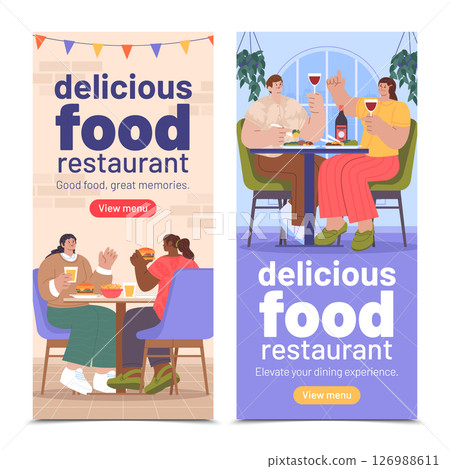 People at restaurant Hand Drawn flat Vertical Banners Set 126988611