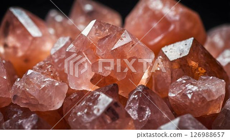Stunning pink quartz crystals cluster, macro shot with soft lighting, natural gemstone details, translucent mineral structure, elegant rosy shades, sparkling surface, geology close-up Stunning pink quartz crystals cluster, macro shot with soft lighting, natural gemstone details, translucent mineral structure, elegant rosy shades, sparkling surface, geology close-up 126988657