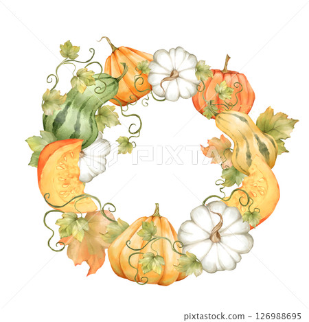 Autumn Pumpkin Wreath, hand-drawn illustration 126988695