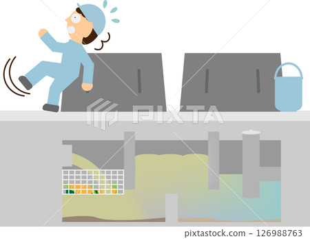 一名男子在清理餐廳廚房的油脂分離器時摔倒的圖片 126988763