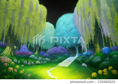 Game background: A park with blooming hydrangeas in a pitch black forest at night 126988820