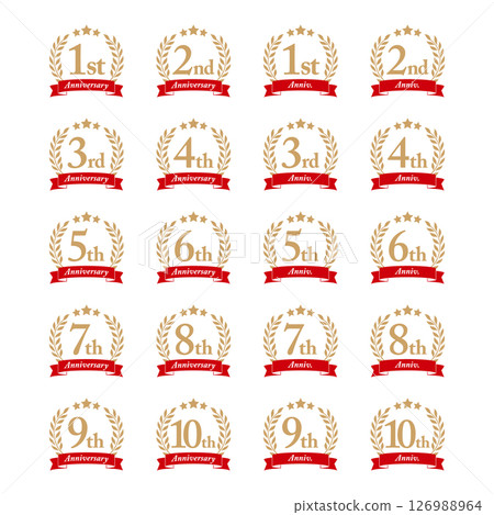 Anniversary icon set with laurel, ribbon and star, Anniversary, Red 126988964