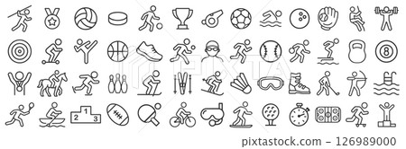 Sport line icon symbol set. Sports icons collection. Logo sign. Swimming, football, ski, winner, bowling, running, golf, tennis. Vector illustration image. Isolated on white background. 126989000