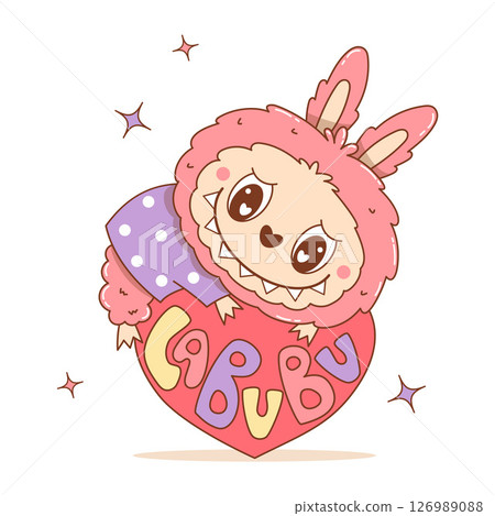Cute Monster Toy Labubu with Heart. Romantic Pink Cartoon Funny kawaii fantasy creative character Valentine. Vector illustration. Kids collection 126989088