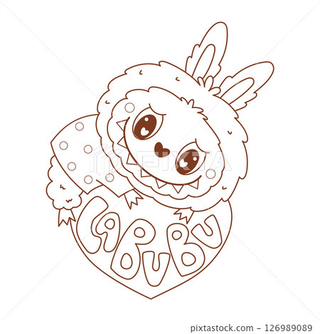 Outline Cute Monster Toy Labubu lying on Heart. Romantic Cartoon Funny kawaii fantasy character. Line drawing, coloring book. Vector illustration. Kids collection 126989089