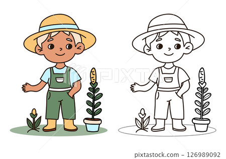 Cute boy blond farmer in overalls. Male Kid Gardening character in hat and overalls set. Isolated Color and Outline linear hand drawing. Vector illustration 126989092