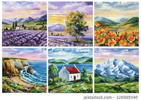 Acrylic landscape painting set with lavender fields, mountain scenery, coastal cliffs, wildflowers, rural house, sunset sky Acrylic landscape painting set with lavender fields, mountain scenery, coastal cliffs, wildflowers, rural house, sunset sky 126989340