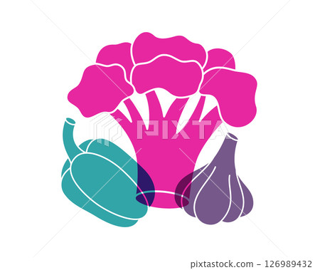 Natural vegetables color icons. Broccoli, garlic, bell pepper. Vegetarian foods symbol. Organic farm company logotype template. 126989432