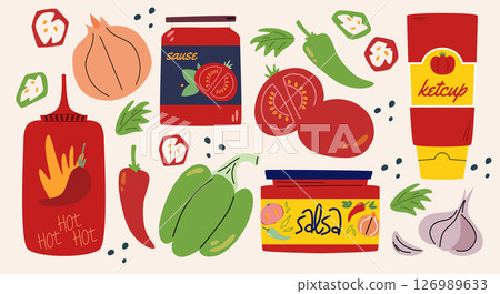 Set of hot and tomato sauces. Stickers with various cans and bottles of spicy dressings, Salsa, Ketchup. Different Hot Chili peppers. 126989633