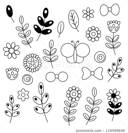 Blooming floral plants. isolated set. Vector graphic line illustration. flowers and leaves in line art style. Vector botanical engraving Coloring Sheet for Stress Relief and Relaxation Blooming floral plants. isolated set. Vector graphic line illustration. flowers and leaves in line art style. Vector botanical engraving Coloring Sheet for Stress Relief and Relaxation 126989646