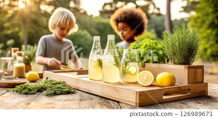 Children preparing refreshing summer lemonade with fresh herbs and lemons on a wooden table in a bright outdoor setting, capturing the essence of summer fun and creativity 126989671