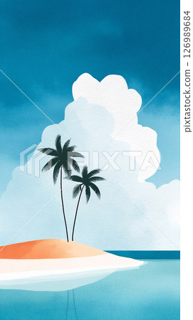 Tropical island scene featuring two palm trees on sandy shore with calm water reflecting clouds and blue sky, evoking a serene summer nature concept 126989684