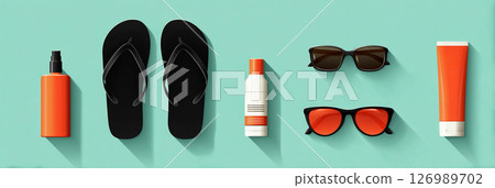 Summer essentials including black flip flops, sunglasses, sunscreen, and lotion arranged on a vibrant turquoise background, evoking a relaxed vacation vibe with copy space 126989702