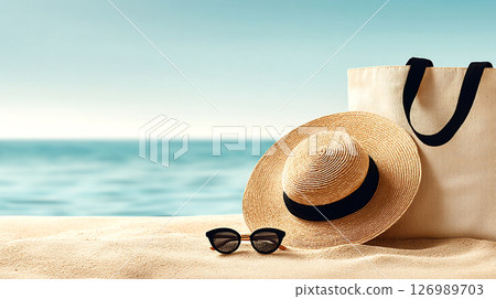Summer beach scene featuring a straw hat, stylish sunglasses, and a tote bag resting on golden sand with a serene ocean backdrop, evoking relaxation and leisure vibes 126989703