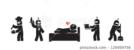 Man Relaxing While Robots Do Housework. Various pose of Stick Figure. Vector Illustration 126989786