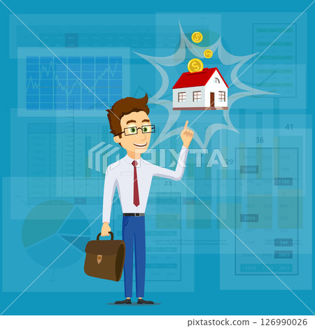 Businessman points his finger at the house coin bank 126990026