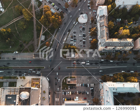 Aerial Look Down on Busy Crossroad in City Center 126990091