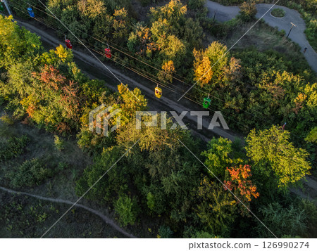 Aerial Cable Cars Moving Through Green Trees 126990274
