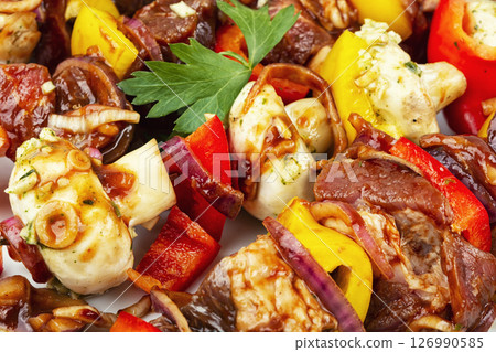Raw Meat Shish Kebab, Marinated Meat. Raw Meat Shish Kebab, Marinated Meat. 126990585