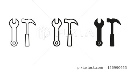 Wrench And Hammer Tool Icon Set. Construction, Repair, And Maintenance Outline And Silhouette Symbol Collection. Diy And Handyman Tools. Isolated Vector Illustration Wrench And Hammer Tool Icon Set. Construction, Repair, And Maintenance Outline And Silhouette Symbol Collection. Diy And Handyman Tools. Isolated Vector Illustration 126990633