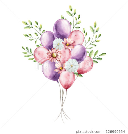 Foil red and purple bunch of balloons. Watercolor pastel cotton candy. Hand drawn illustration isolated on background, transparent png. Cartoon illustration. Baby shower design elements. Party Foil red and purple bunch of balloons. Watercolor pastel cotton candy. Hand drawn illustration isolated on background, transparent png. Cartoon illustration. Baby shower design elements. Party 126990634