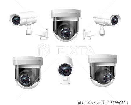 Security cameras on modern building. Professional surveillance camera. Security system, technology concept. Video equipment for safety system area control. Vector 126990734