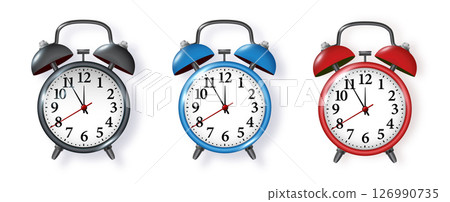 Black alarm clock on white background. Morning, reminder. Vector metal vintage ringing alarm clock on bright white background. Vector Black alarm clock on white background. Morning, reminder. Vector metal vintage ringing alarm clock on bright white background. Vector 126990735