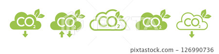 CO2 emission reduction neutrality concept icon set. Cloud shape banners with zero footprint, CO2 neutral. Green eco friendly stop global warming. Vector CO2 emission reduction neutrality concept icon set. Cloud shape banners with zero footprint, CO2 neutral. Green eco friendly stop global warming. Vector 126990736