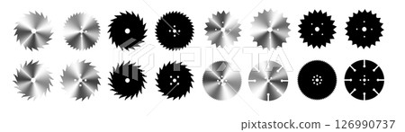Circular saw. Rotary flat blades saw machine, cut teeth machine for carpentry, machine for wood construction. Vector Circular saw. Rotary flat blades saw machine, cut teeth machine for carpentry, machine for wood construction. Vector 126990737