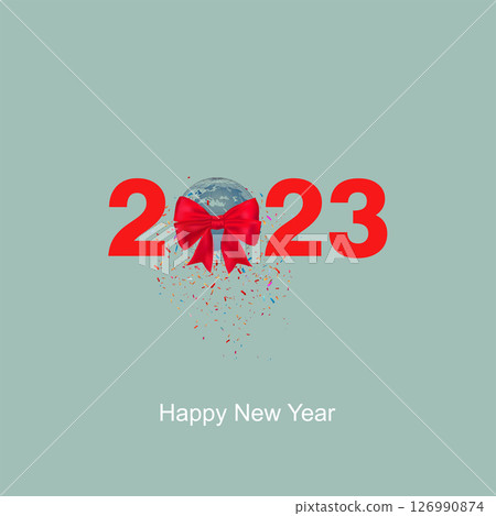 2023 happy New Year earth globe with ribbon and confettis 126990874