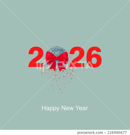 2026 happy New Year earth globe with ribbon and confettis 126990877
