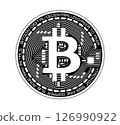 Cryptocurrency coin with a bitcoin symbol. The coin is depicted in black and white. Vector illustration. 126990922