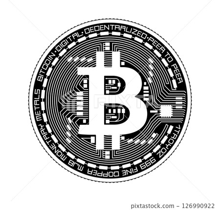 Cryptocurrency coin with a bitcoin symbol. The coin is depicted in black and white. Vector illustration. Cryptocurrency coin with a bitcoin symbol. The coin is depicted in black and white. Vector illustration. 126990922