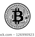Cryptocurrency coin with a bitcoin symbol. The coin is depicted in black and white. Vector illustration. 126990923
